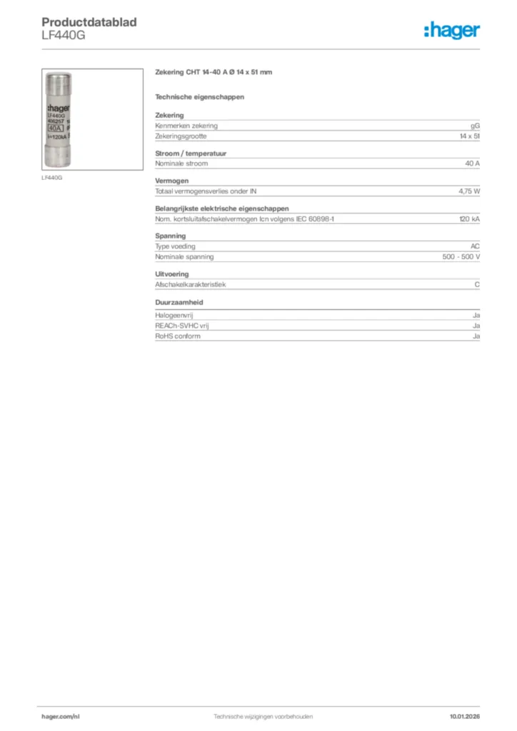 Afbeelding Hager Productdatablad LF440G | Hager Nederland