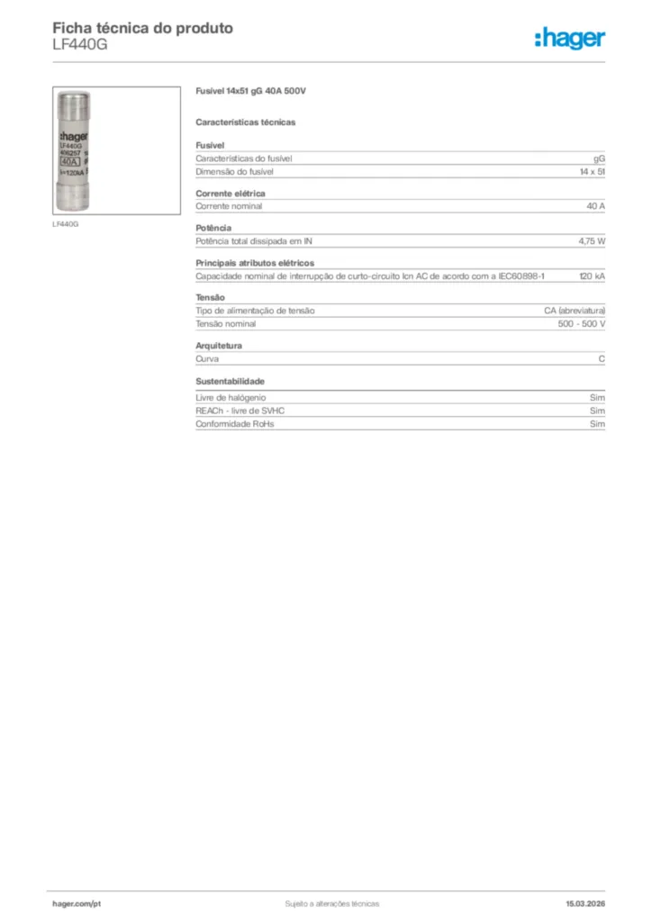 Imagem Hager Ficha técnica do produto LF440G | Hager Portugal