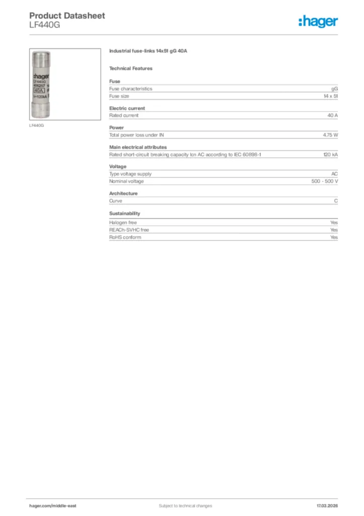 Image Hager Product data sheet LF440G  | Hager