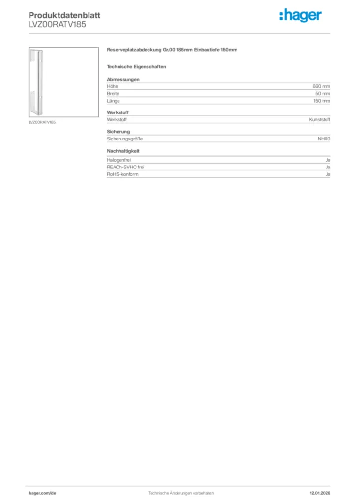 Bild Hager Produktdatenblatt LVZ00RATV185 | Hager Deutschland