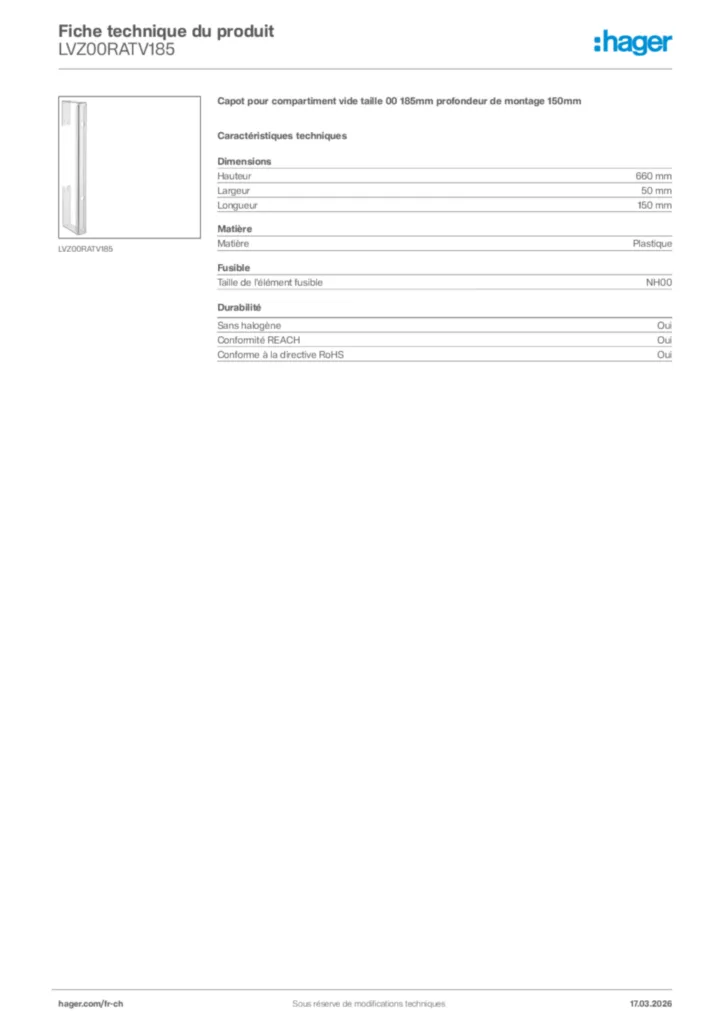 Image Hager Fiche technique du produit LVZ00RATV185 | Hager Suisse