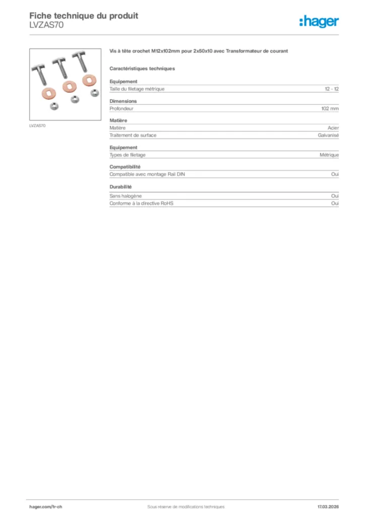 Image Hager Fiche technique du produit LVZAS70 | Hager Suisse