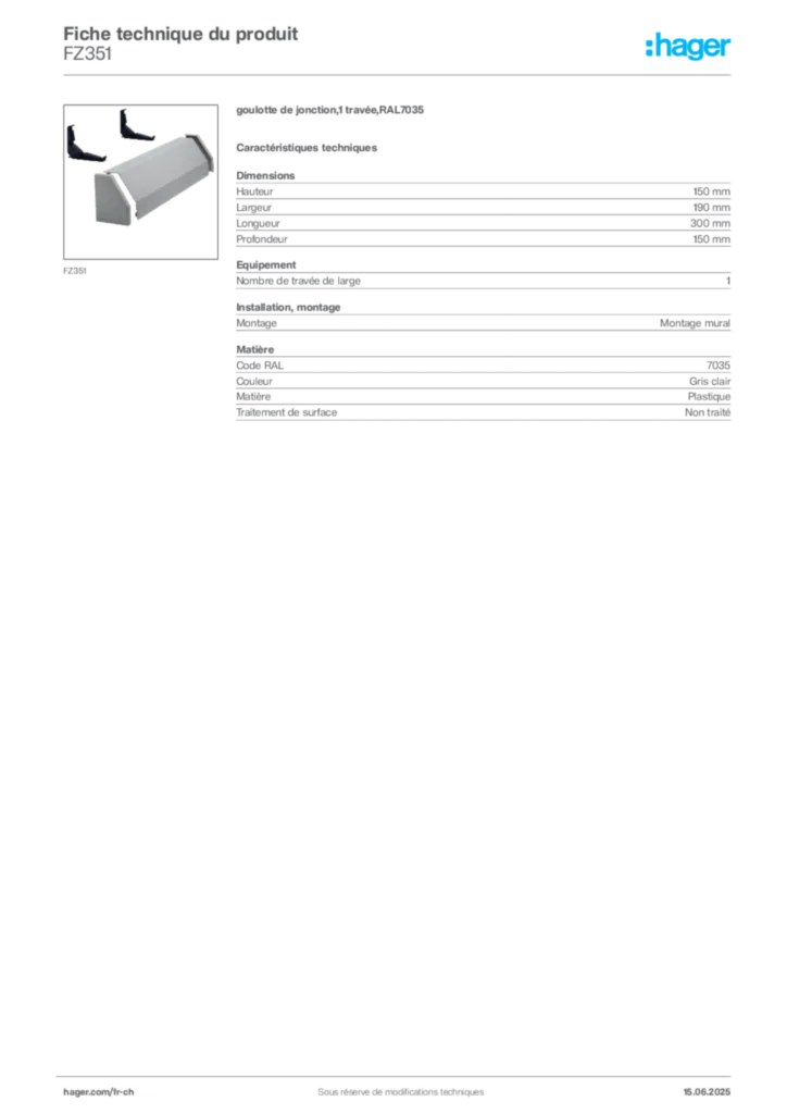 Image Hager Fiche technique du produit FZ351 | Hager Suisse