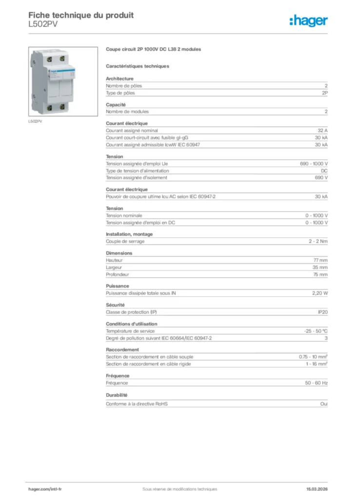 Image Hager Fiche technique du produit L502PV | Hager Afrique