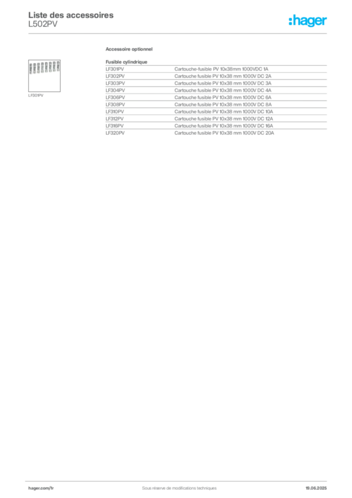 Image Hager Fiche technique du produit L502PV | Hager France