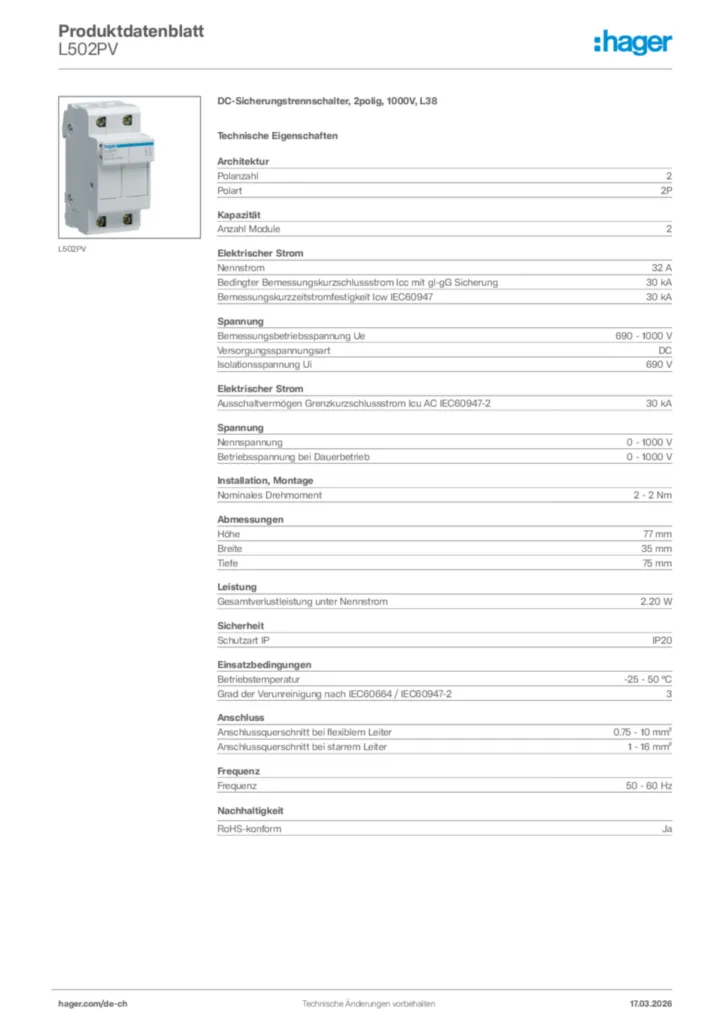 Bild Hager Produktdatenblatt L502PV | Hager Schweiz