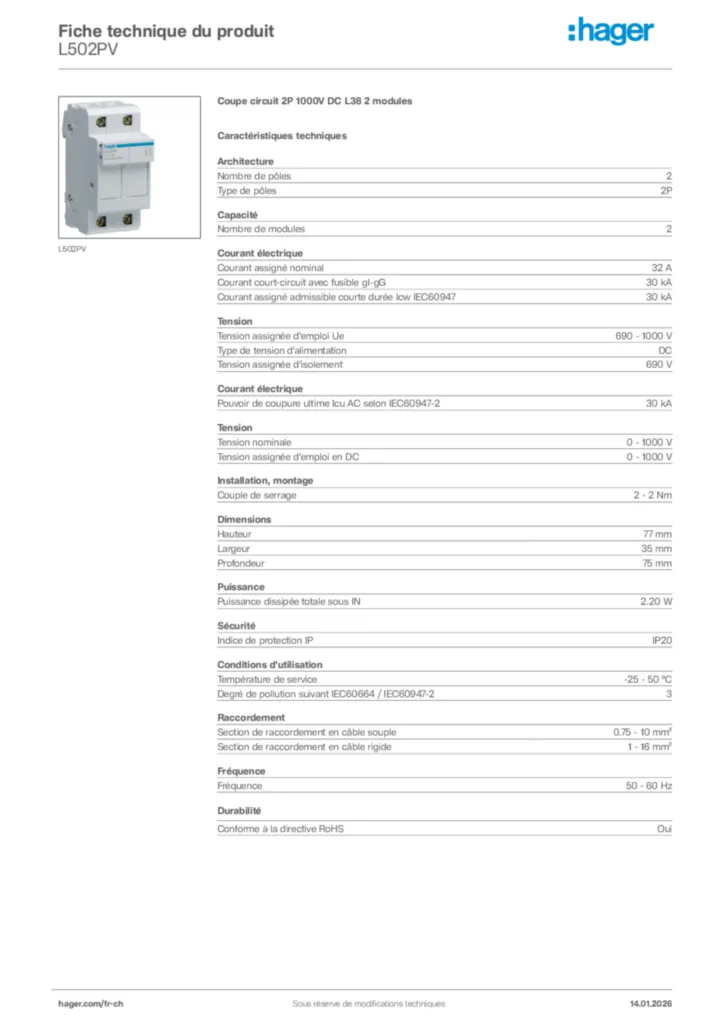 Image Hager Fiche technique du produit L502PV | Hager Suisse