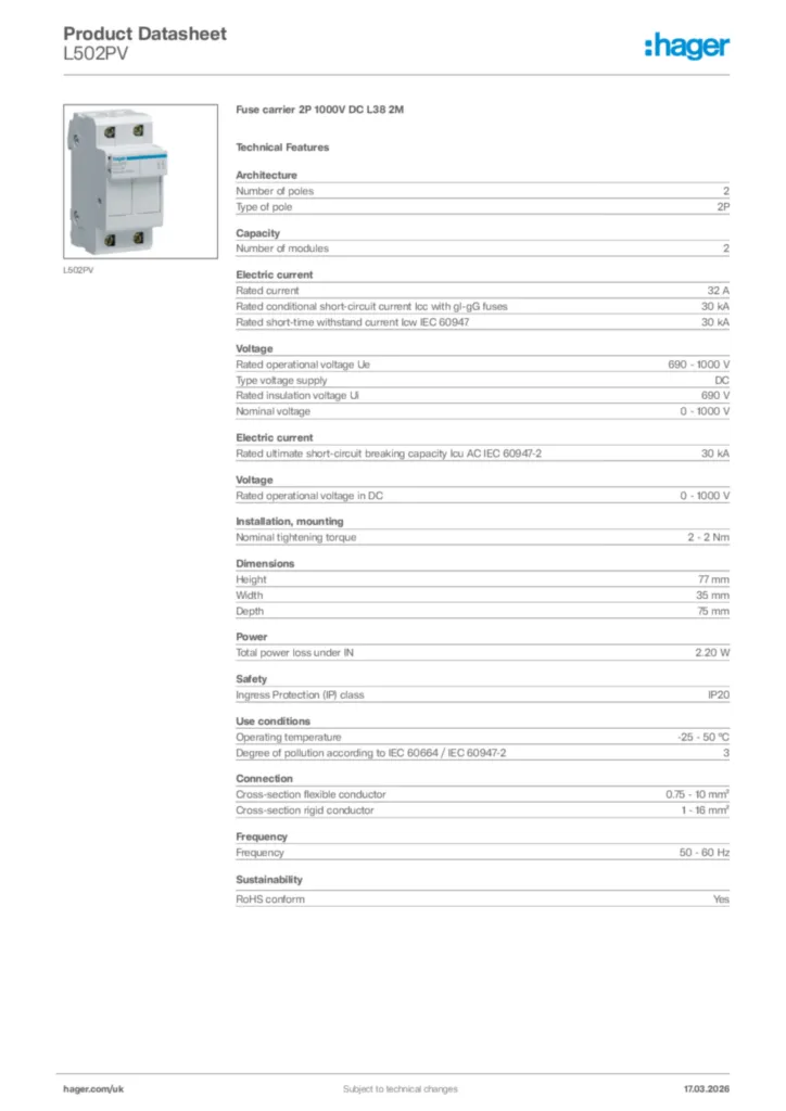 Image Hager Product data sheet L502PV  | Hager