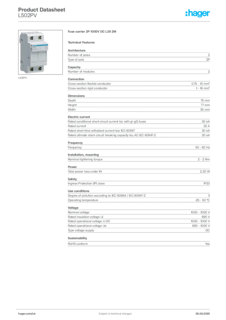 Image Hager Product data sheet L502PV  | Hager