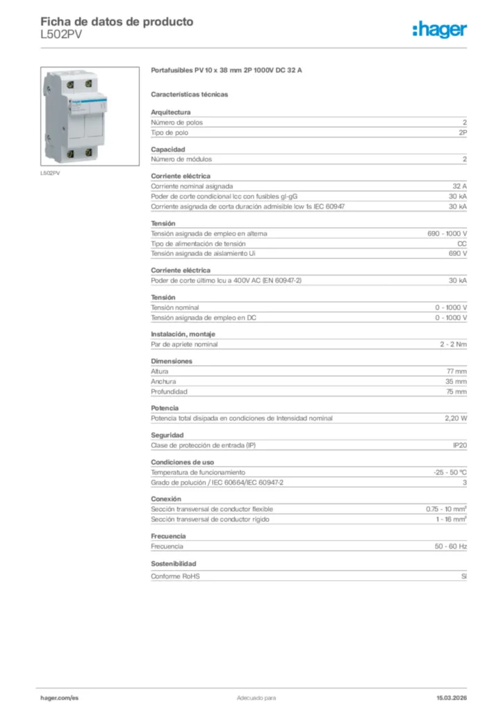 Imagen Hager Ficha de datos de producto L502PV | Hager España