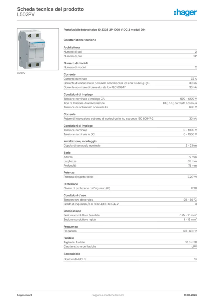 Immagine Hager Scheda tecnica del prodotto L502PV | Hager Italia