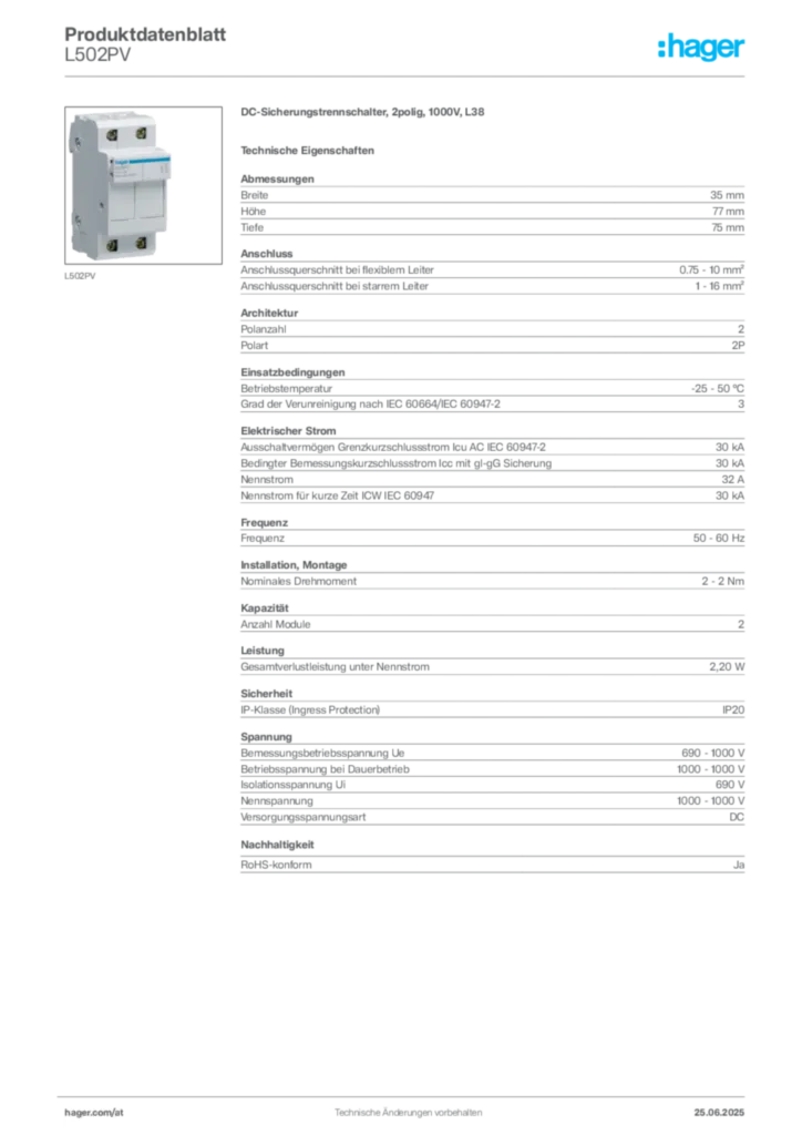 Bild Hager Produktdatenblatt L502PV | Hager Deutschland