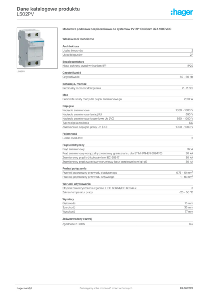 Zdjęcie Hager Dane katalogowe produktu L502PV | Hager Polska