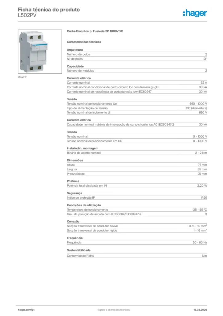 Imagem Hager Ficha técnica do produto L502PV | Hager Portugal