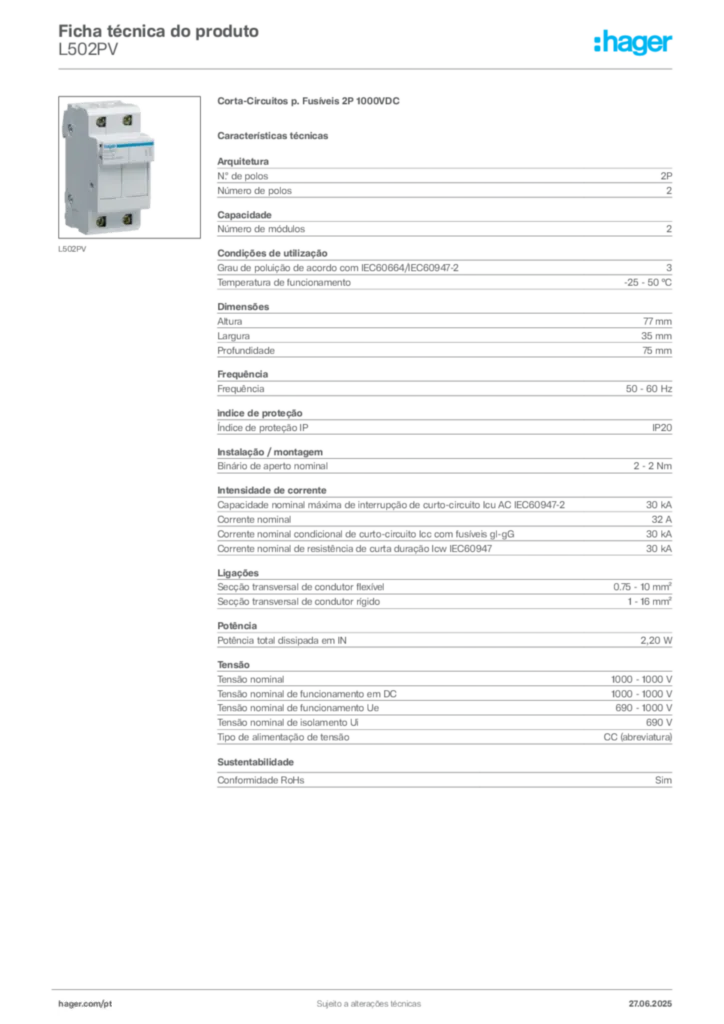 Imagem Hager Ficha técnica do produto L502PV | Hager Portugal