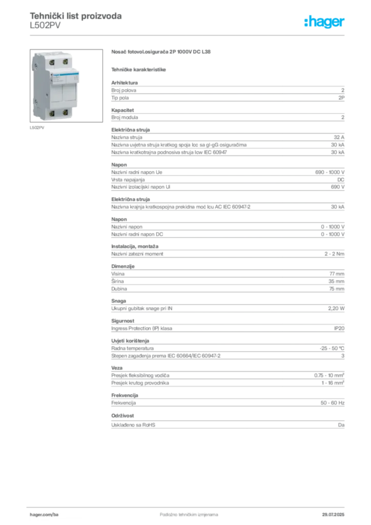 Slika Hager Product data sheet L502PV  | Hager