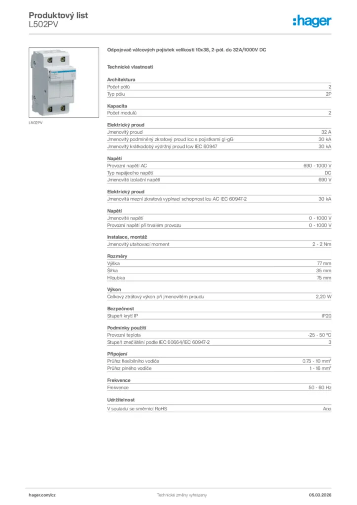 Obrázek Hager Product data sheet L502PV | Hager