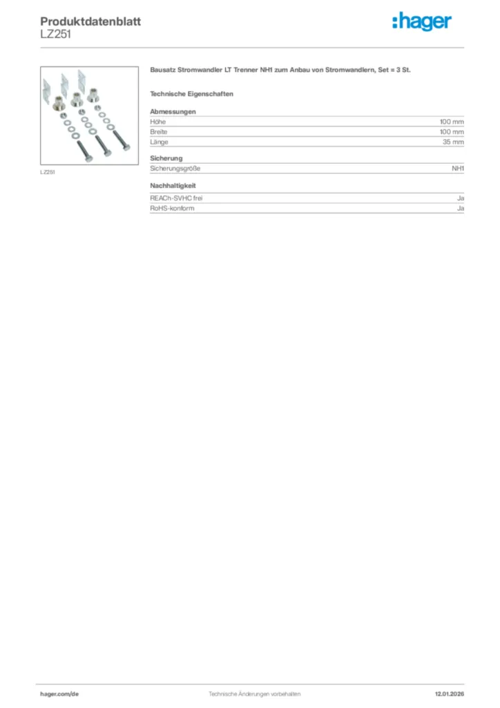 Bild Hager Produktdatenblatt LZ251 | Hager Deutschland