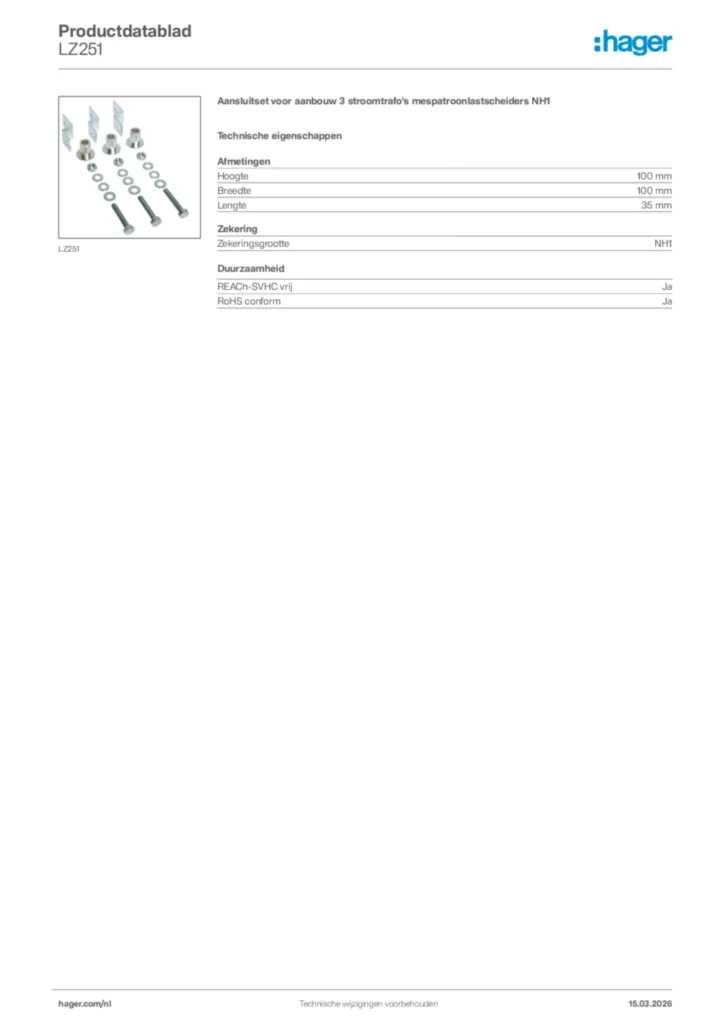 Afbeelding Hager Productdatablad LZ251 | Hager Nederland