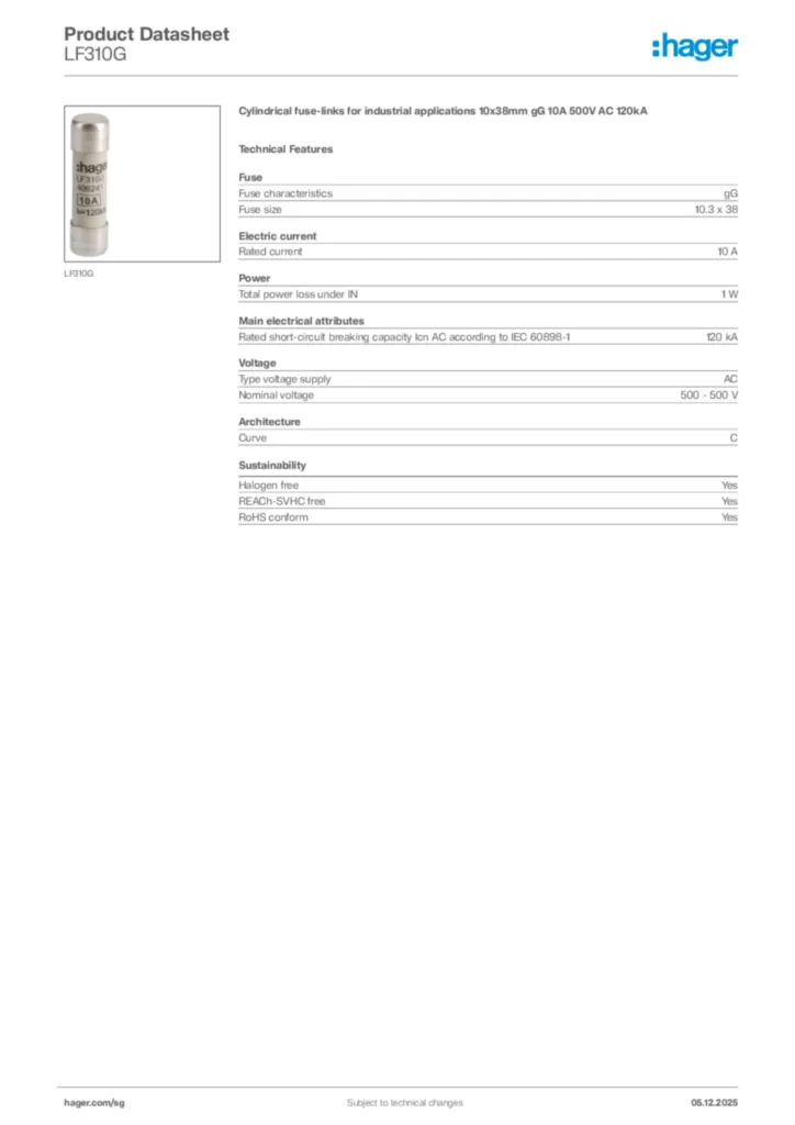 Image Hager Product data sheet LF310G  | Hager