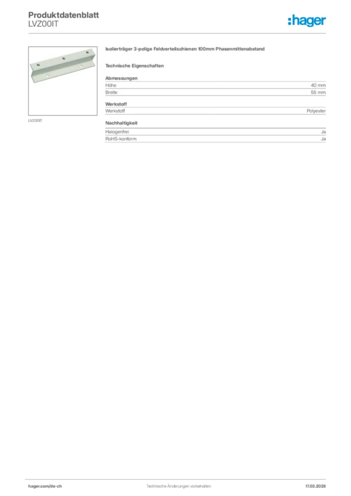 Bild Hager Produktdatenblatt LVZ00IT | Hager Schweiz