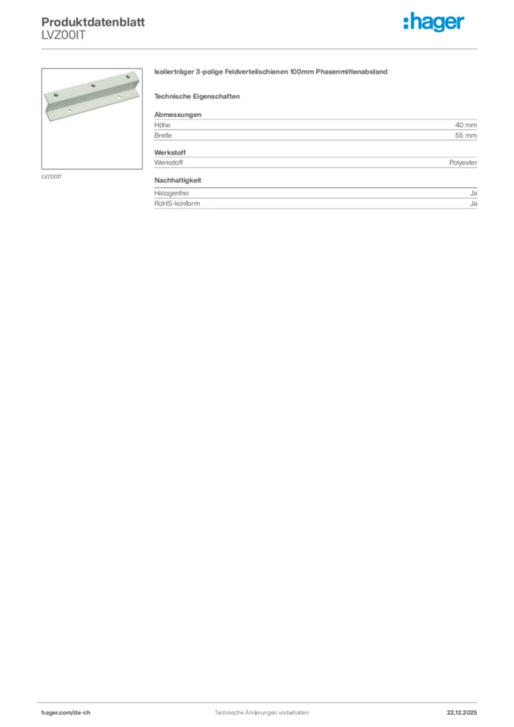 Bild Hager Produktdatenblatt LVZ00IT | Hager Schweiz