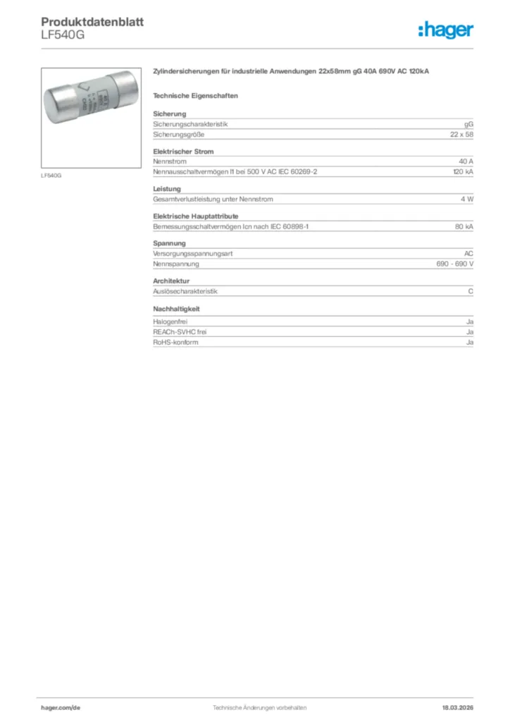 Bild Hager Produktdatenblatt LF540G | Hager Deutschland