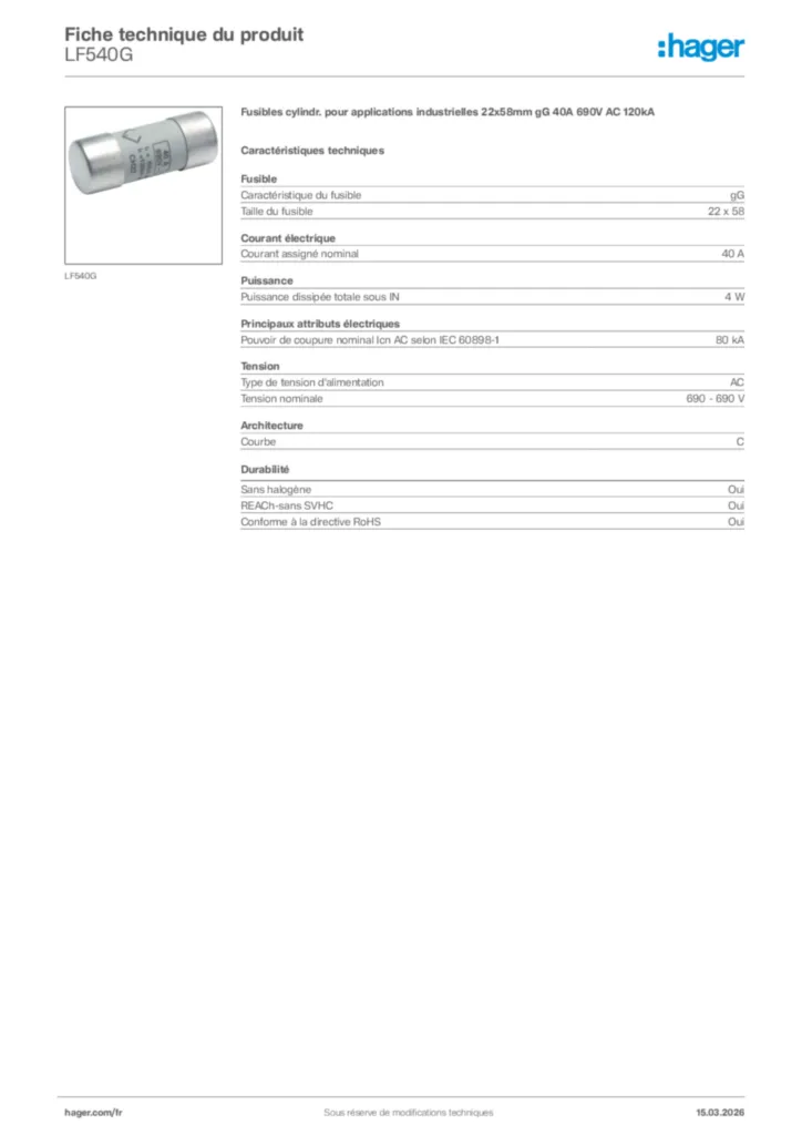 Image Hager Fiche technique du produit LF540G | Hager France