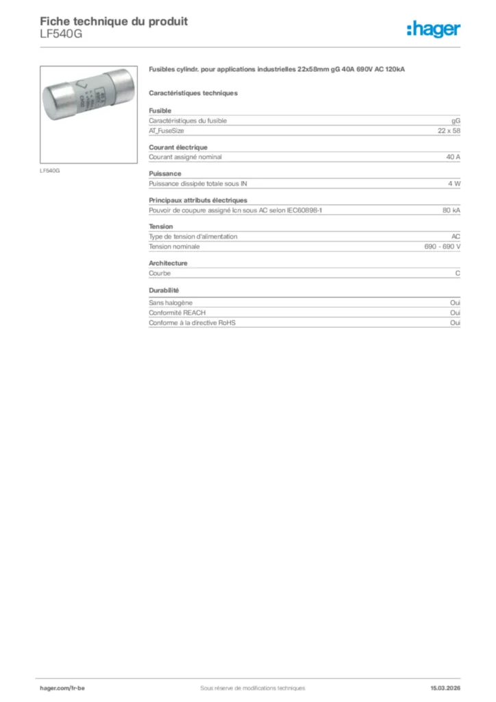 Image Hager Fiche technique du produit LF540G | Hager Belgique