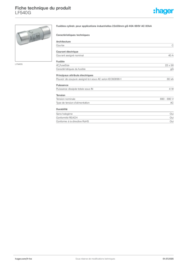 Image Hager Fiche technique du produit LF540G | Hager Belgique