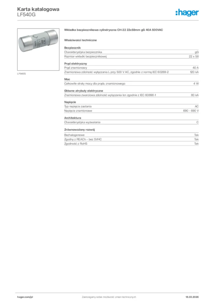 Zdjęcie Hager Karta katalogowa LF540G | Hager Polska