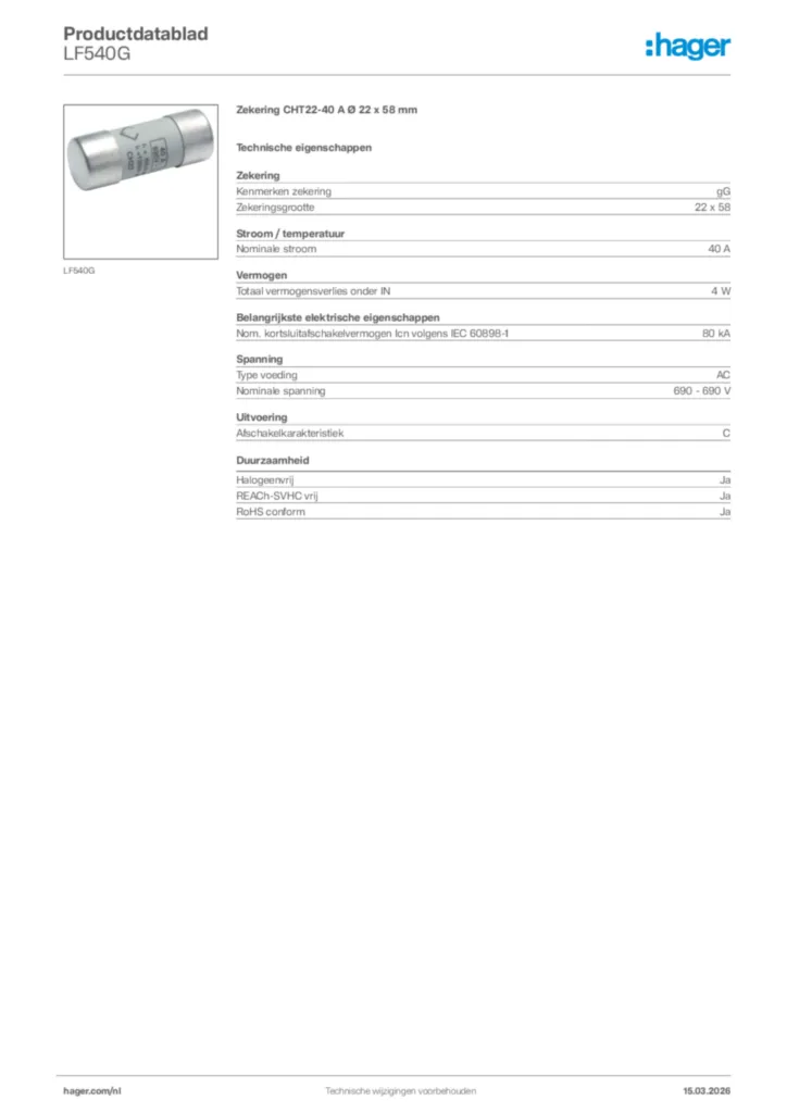 Afbeelding Hager Productdatablad LF540G | Hager Nederland