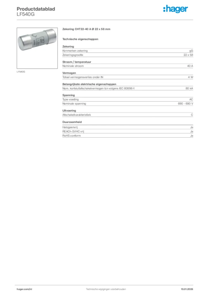 Afbeelding Hager Productdatablad LF540G | Hager Nederland