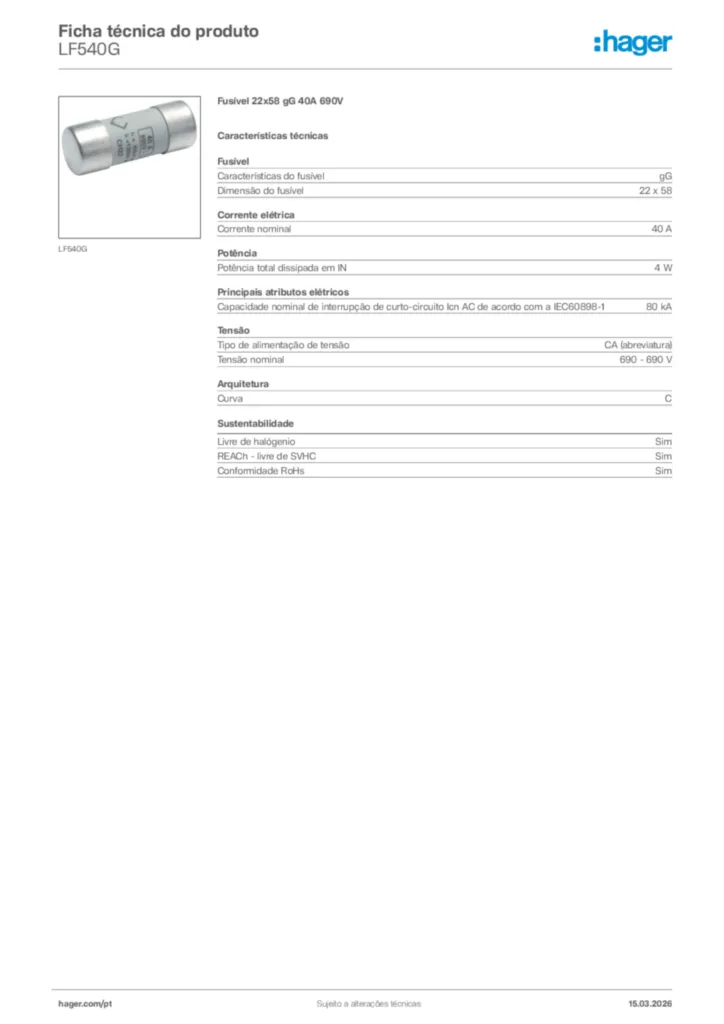 Imagem Hager Ficha técnica do produto LF540G | Hager Portugal