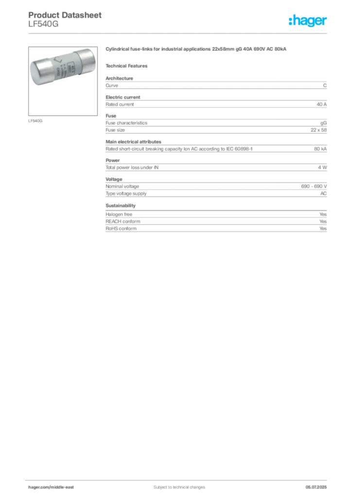 Image Hager Product data sheet LF540G  | Hager