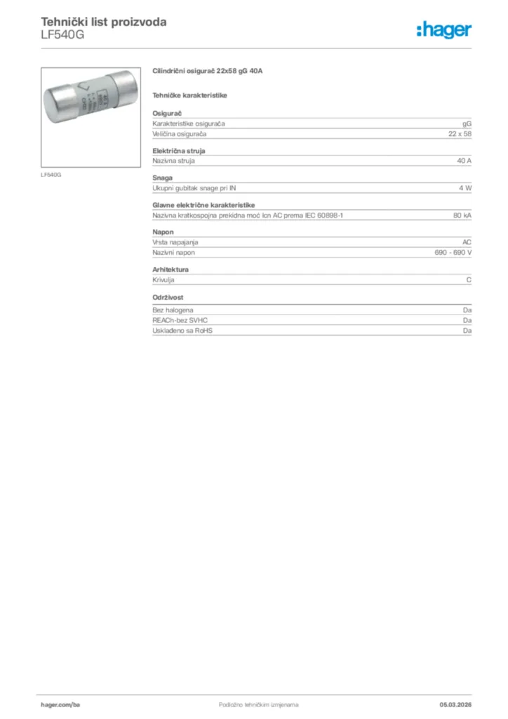 Slika Hager Tehnički list proizvoda LF540G  | Hager