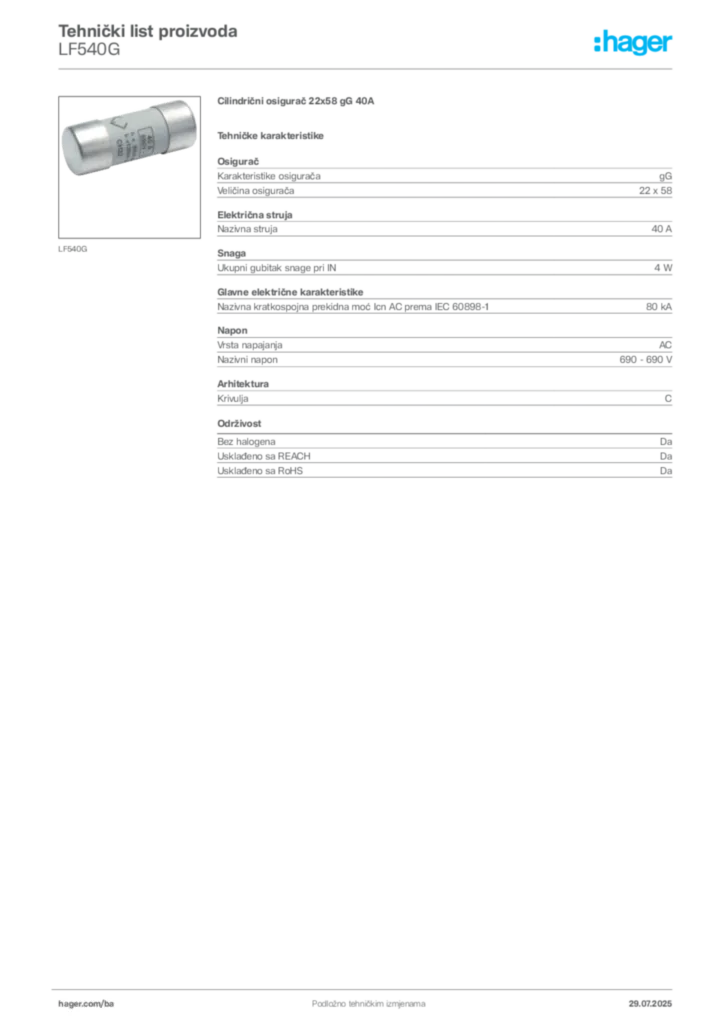 Slika Hager Product data sheet LF540G  | Hager