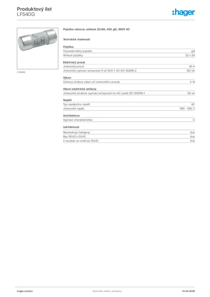 Obrázek Hager Product data sheet LF540G | Hager