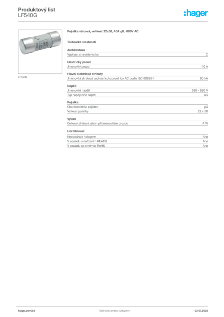 Obrázek Hager Produktový list LF540G | Hager