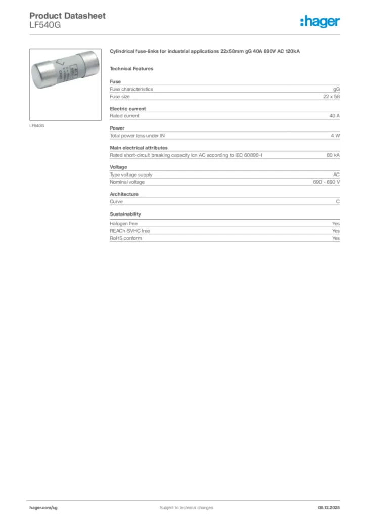 Image Hager Product data sheet LF540G  | Hager