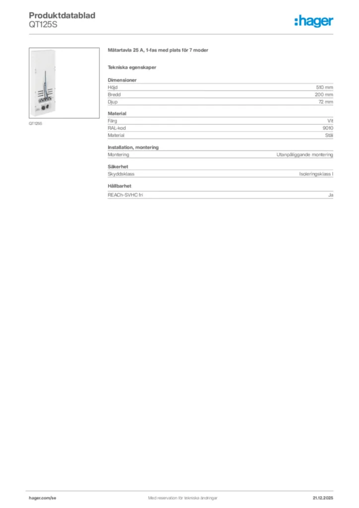 Bild Hager Produktdatablad QT125S | Hager Sverige