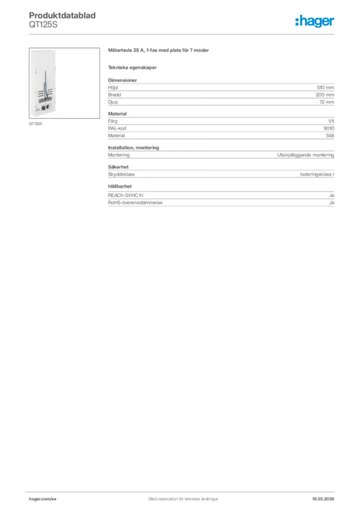 Bild Hager Produktdatablad QT125S | Hager Sverige