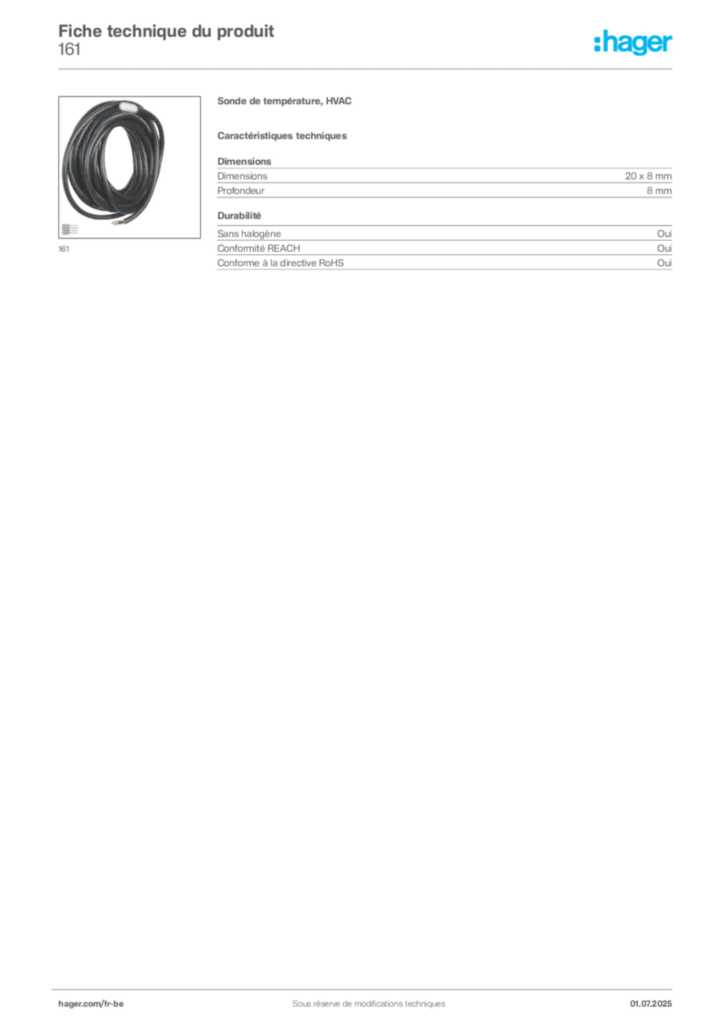 Image Hager Fiche technique du produit 161 | Hager Belgique