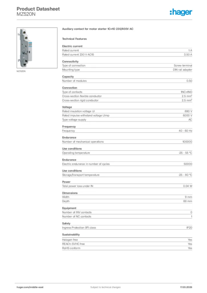 Image Hager Product data sheet MZ520N  | Hager