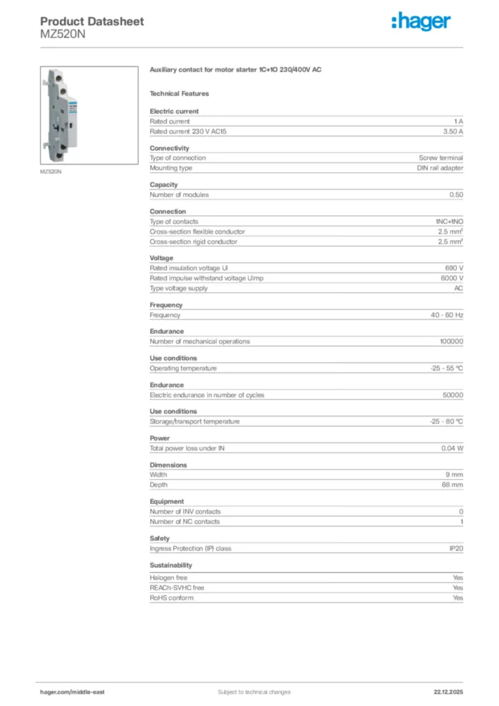 Image Hager Product data sheet MZ520N  | Hager