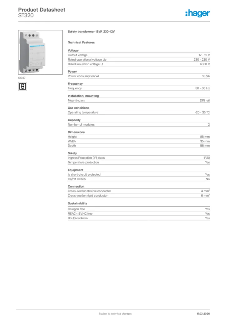 Image Hager Product data sheet ST320  | Hager Africa