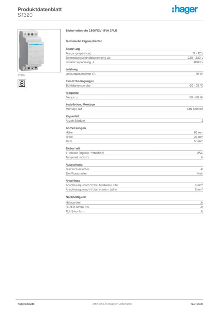 Bild Hager Produktdatenblatt ST320 | Hager Deutschland