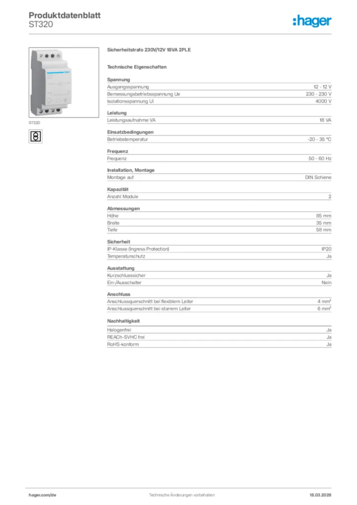 Bild Hager Produktdatenblatt ST320 | Hager Deutschland