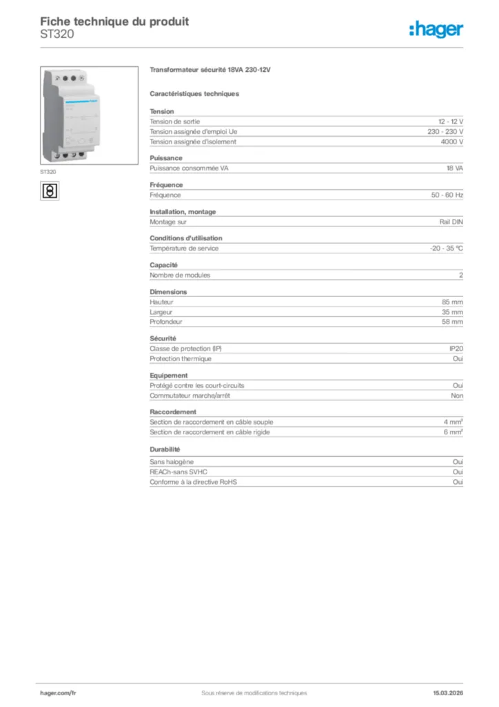 Image Hager Fiche technique du produit ST320 | Hager France