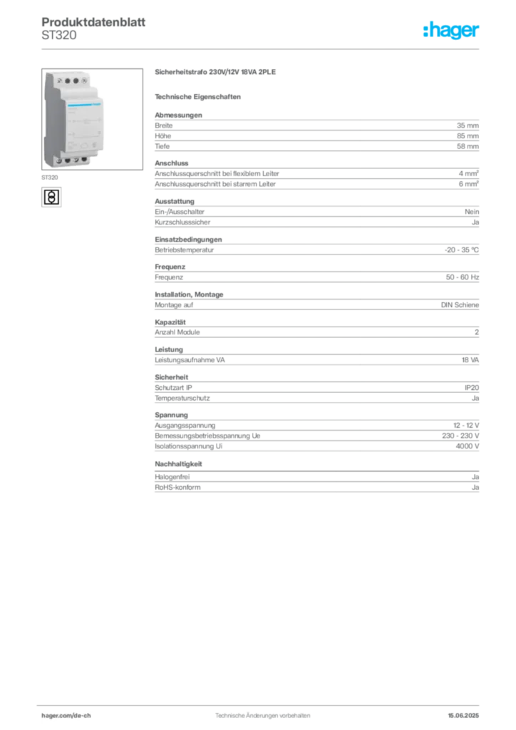 Bild Hager Produktdatenblatt ST320 | Hager Schweiz